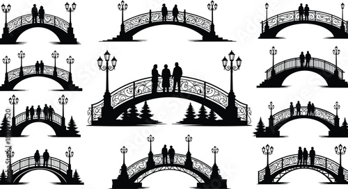 Elegant Black Silhouette Bridges with Ornate Railings, Lamp Posts, and Walking People as Romantic Park or Urban Landscape CAD Drawing Flat Vector Illustration