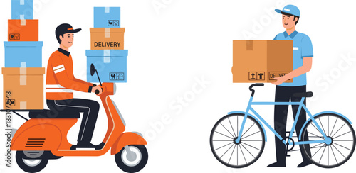 Fast, reliable delivery service: courier on a scooter and delivery man with a bicycle carrying parcels for e-commerce, shopping, and logistics solutions.