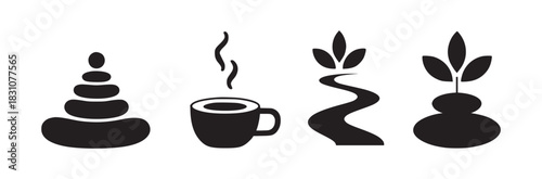 Four black and white icons depicting stacked stones, a coffee cup, and two plant illustrations