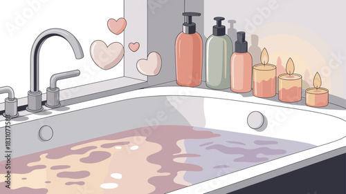 A Relaxing and peaceful bathtub scene with bath product and candle.