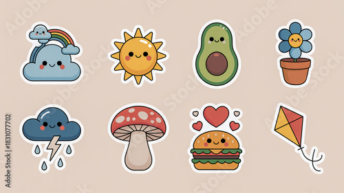 Cute kawaii stickers featuring food nature and weather elements