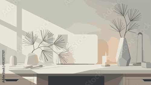 A serene office setting, minimalist and beautifully lit.