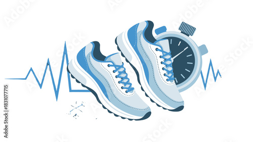 Running shoes with stopwatch and a line of heartbeat.