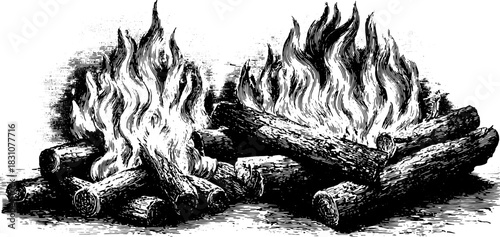 Illustration of fire and wood logs depicted in an antique engraving style. Silhouette of flames created in a detailed vector set.