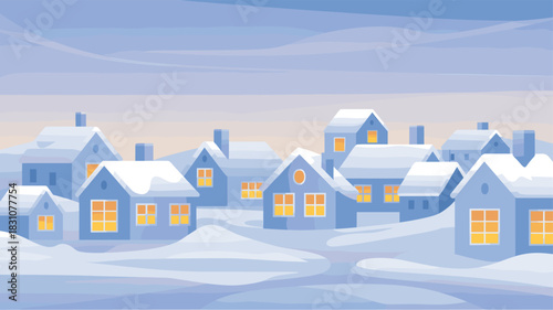 Winter landscape of snow-covered houses with warm glowing windows.