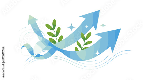Abstract arrows symbolizing growth and progress with leafy branches.