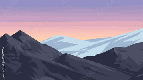 An illustration of majestic mountain range under a colorful sky.