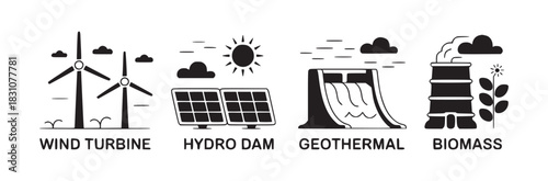 Illustration showcasing various renewable energy sources including wind, solar, hydro, and biomass