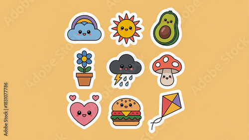 Cute kawaii style stickers featuring food nature and weather elements