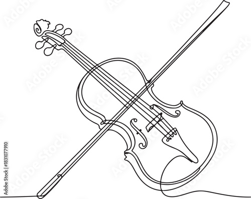 Continuous Line Art Illustration of Violin Lying with Bow Across It