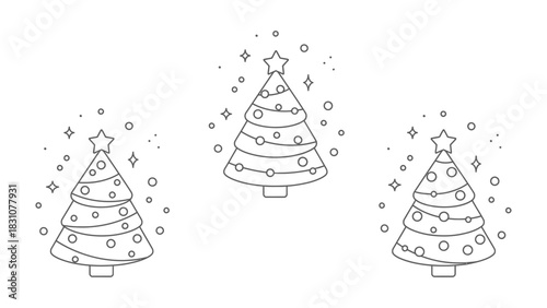 Christmas Tree Festive Trio: Three beautifully designed outline of a Christmas tree adorned with ornaments and a star, capturing the essence of the festive holiday spirit. 