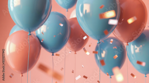 Teal and coral balloons with falling confetti celebration
