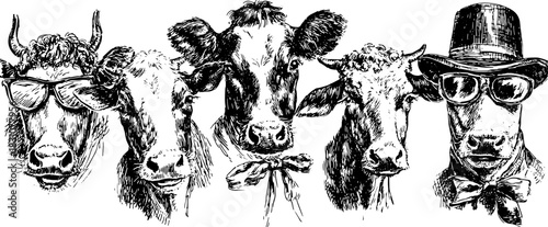 Vintage cow illustration set in black outline. Hand-drawn vector artwork featuring humorous traits and a retro engraving style.