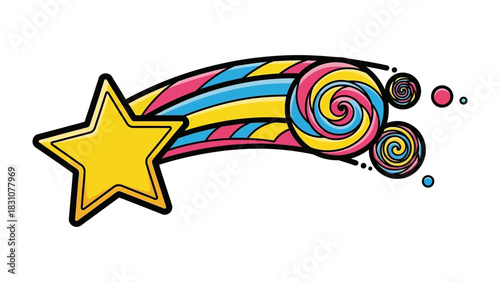 Celestial Candy Trail: A vibrant and whimsical illustration depicts a shooting star with a cheerful, candy-themed design, leaving a trail of colorful sweets in its wake, embodying fun and fantasy. 