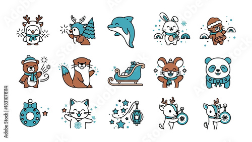 Whimsical Holiday Animal Embellishments: Adorable illustrations of various animals in festive attire, perfect for adding a touch of cheer to holiday designs.