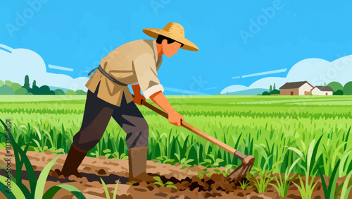 This vibrant flat-style illustration depicts a farmer using a rake to tend to crops in a sunlit, golden field, with a rustic house and rolling hills forming the peaceful rural backdrop.
