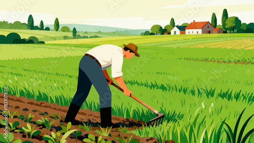 This vibrant flat-style illustration depicts a farmer using a rake to tend to crops in a sunlit, golden field, with a rustic house and rolling hills forming the peaceful rural backdrop.