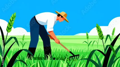 This vibrant flat-style illustration depicts a farmer using a rake to tend to crops in a sunlit, golden field, with a rustic house and rolling hills forming the peaceful rural backdrop.