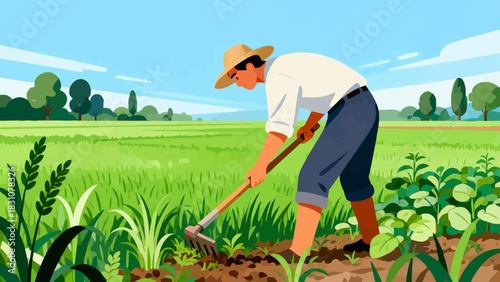This vibrant flat-style illustration depicts a farmer using a rake to tend to crops in a sunlit, golden field, with a rustic house and rolling hills forming the peaceful rural backdrop.