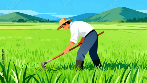 This vibrant flat-style illustration depicts a farmer using a rake to tend to crops in a sunlit, golden field, with a rustic house and rolling hills forming the peaceful rural backdrop.