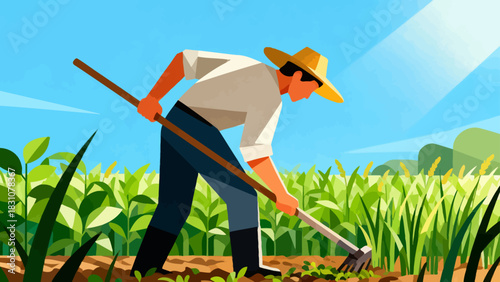 This vibrant flat-style illustration depicts a farmer using a rake to tend to crops in a sunlit, golden field, with a rustic house and rolling hills forming the peaceful rural backdrop.