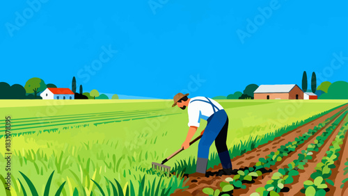 This vibrant flat-style illustration depicts a farmer using a rake to tend to crops in a sunlit, golden field, with a rustic house and rolling hills forming the peaceful rural backdrop.