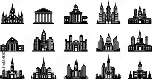 Large set of fifteen black silhouette city and government building icons: including churches, classical structures, skyscrapers, and town halls for urban, architectural, and civic design.