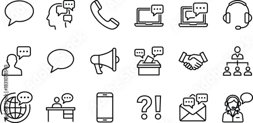 Communication icons set showing messaging, customer support, feedback, teamwork, global connection, phone contact, online chat, conversation symbols, digital communication tools, line style
