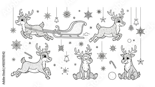 Festive Fawn and Sleigh: A delightful illustration of a Christmas scene features charming cartoon reindeer playfully interacting with a sleigh and a scattering of festive snowflakes.