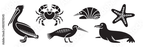 Black silhouettes of pelican crab kiwi bird seal and starfish on a white background vector illustration