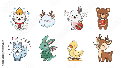 Cute Animal Cartoon: Set of adorable cartoon animals, each uniquely designed with vibrant colors and expressive features, offering a collection perfect for playful and cheerful visual concepts.