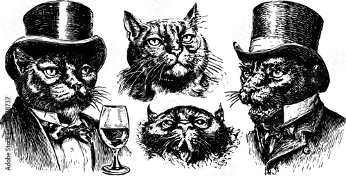 Vintage cat illustration featuring elegant portraits with top hats and a glass. Classic black and white vector illustration in this artwork set.