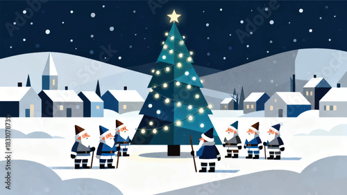 Illustration Of A Group Of Dwarves Wearing Eskimo Clothing Surrounding A Beautiful Christmas Tree Decorated With Lights Vector Design Template