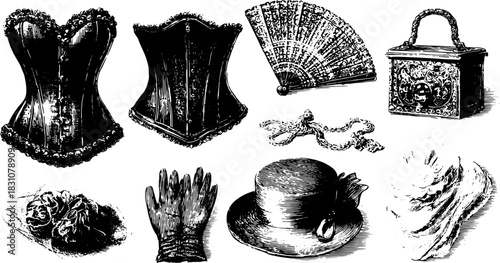 Corset, fan, box, glove, and hat in vintage black style. Elegant accessory vector illustration set showcasing ornate fashion details.