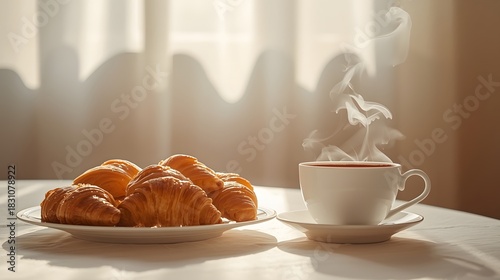 cup of coffee and croissant on table