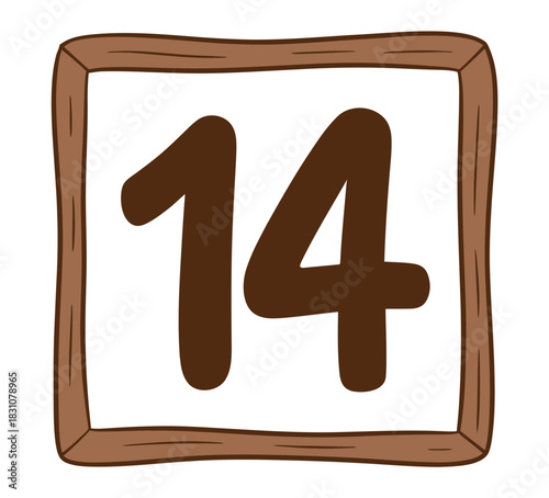 A cartoon image of the number fourteen in a brown wooden frame on white background