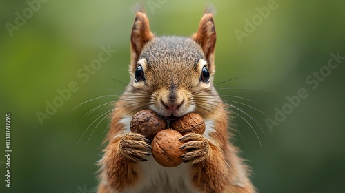 close-up of a cute but realistic squirrel holding a bunch of nuts in its mouth