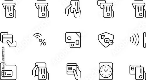 Contactless payment icons set featuring credit card tapping, secure transaction, wireless payment technology, mobile banking, digital wallet, financial security symbols, line illustration