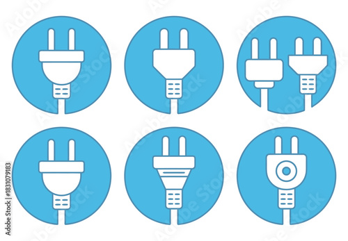 Various white electrical plug icons on blue circular backgrounds pattern view