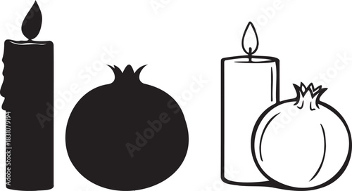 Candle and Pomegranate Silhouette Icons – Minimal Yalda Night Vector Set on Transparent Background