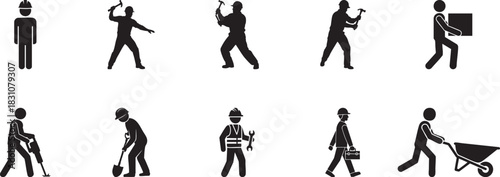 Construction Worker Icons – Builder, Engineer, Labor Silhouette Vector Set, Industrial Safety Symbols