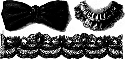 Lace ribbon and fashionable bow illustrations. Vintage styles with detailed engravings in a vector set for textile designs.