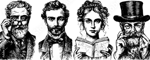 Engravings of antique figures in black line drawing style. This vector illustration showcases elegance and sophistication in historical fashion.