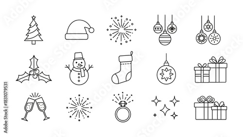 Festive Collection of Christmas Icons: A charming collection of line art icons, each celebrating the joy and spirit of the holiday season.