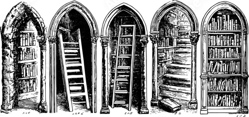 Library with bookshelves and stairs. Engraved vintage illustration in a retro style vector set.