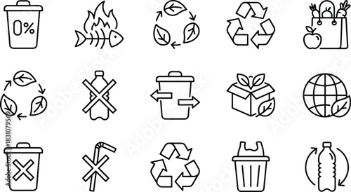 Eco waste icons illustrating recycling, zero waste, no plastic, biodegradable packaging, sustainable choices, green living, environmental protection, circular economy symbols, line style set