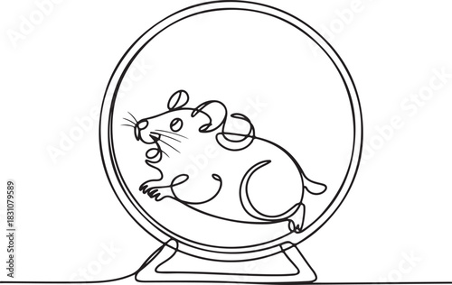 Continuous Line Art Illustration of Hamster Running on Round Wheel
