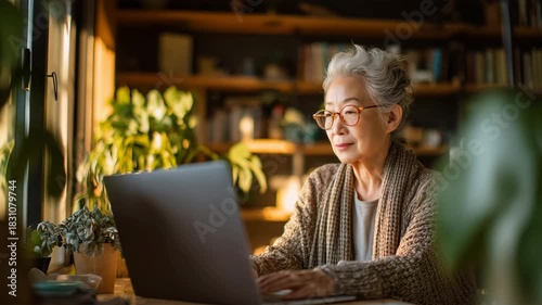 日本人の高齢女性が自宅で学習する様子