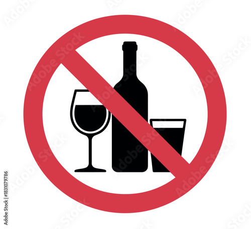 Prohibition sign featuring a wine glass bottle and a short glass icon