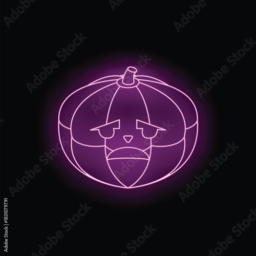 Sad halloween pumpkin is glowing with purple neon light